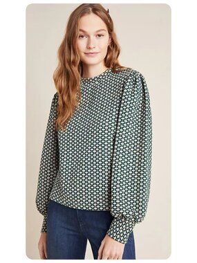 Anthropologie Maeve Green Shannon Balloon-Sleeve Long Sleeve Top sz xs